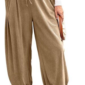 Womens Baggy Wide Leg Pants Corduroy Casual Drawstring Waist Palazzo Harem Pants